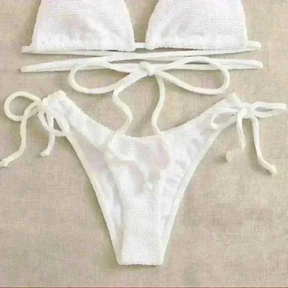 NWT Textured Triangle Wrap Around Solid White Tie Bikini SET - Picture 10 of 14